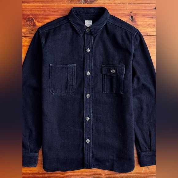 NWT MOMOTARO Japanese Denim Heavy Dobby Sashiko Work Shirt in Indigo Size 44 - Picture 2 of 8
